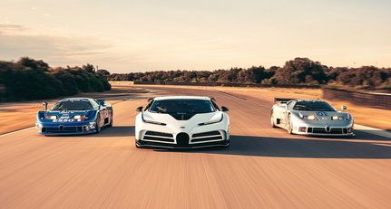 Welcoming the Bugatti Centodieci with the two ultimate EB110s at Nardò