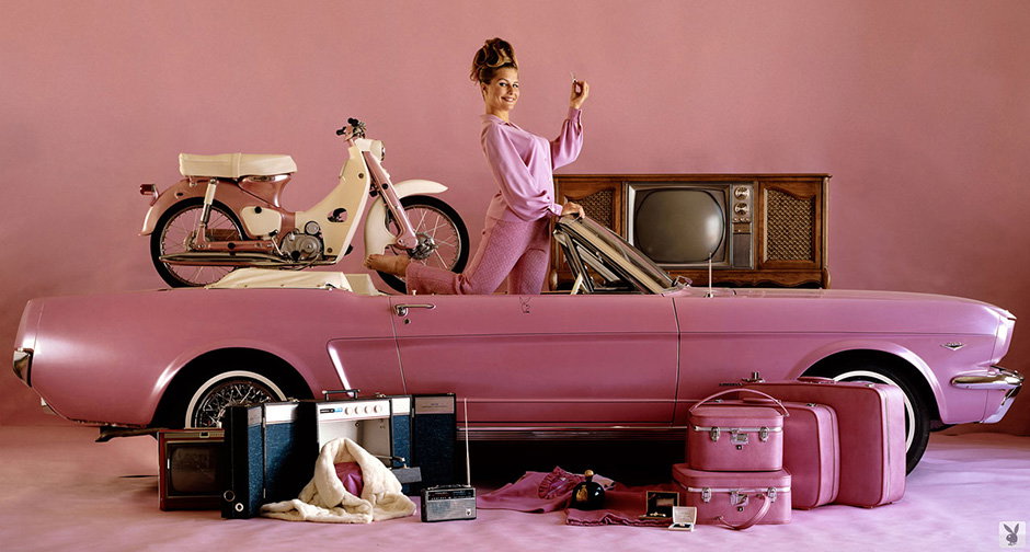 1964 Playmate of the Year Donna Michelle with her new Mustang